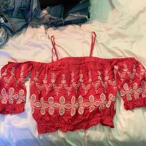 Red embroidered off the shoulder tshirt